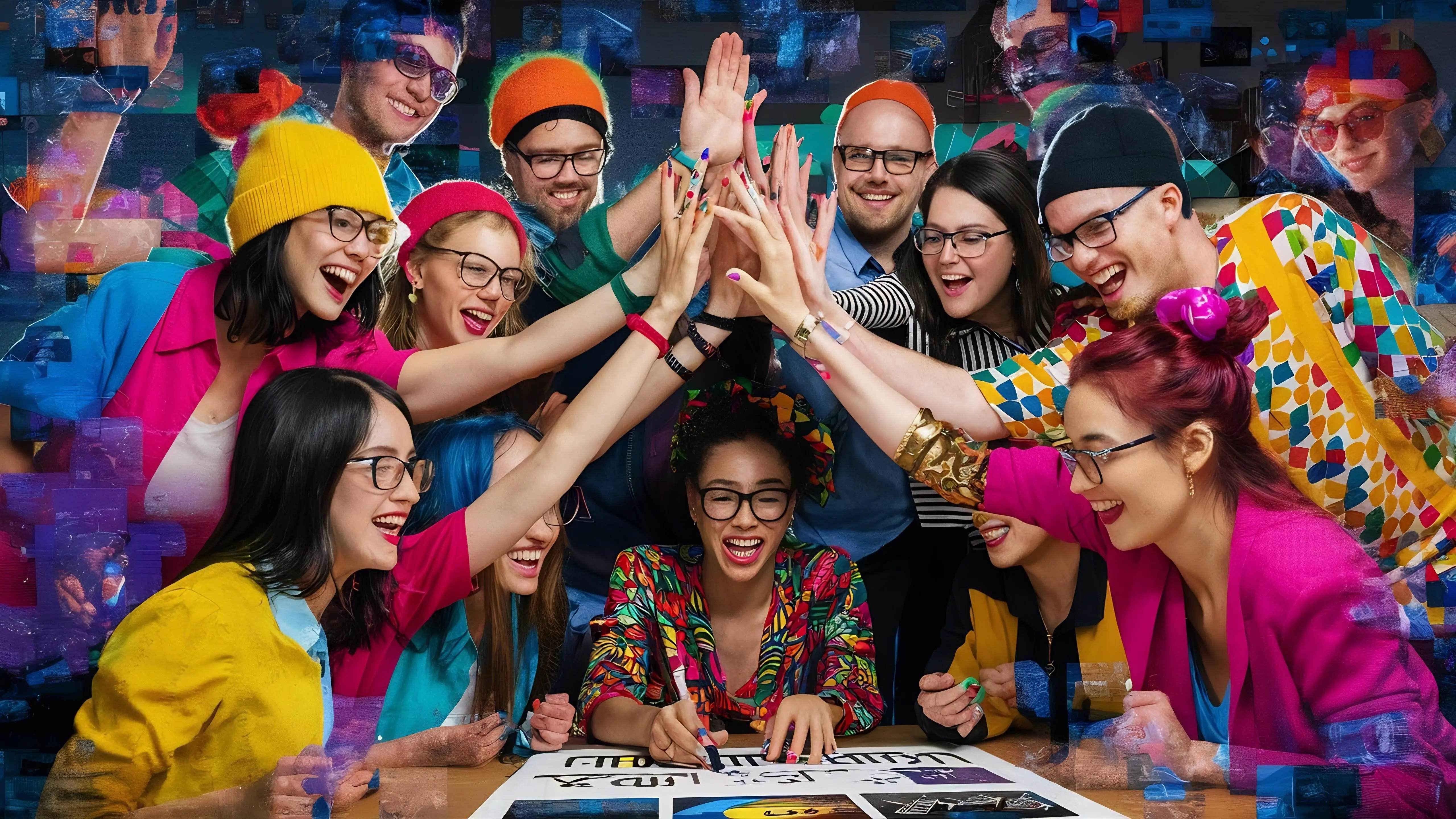 Ein Team fröhlicher Grafikdesigner, das sich ein High-Five gibt.