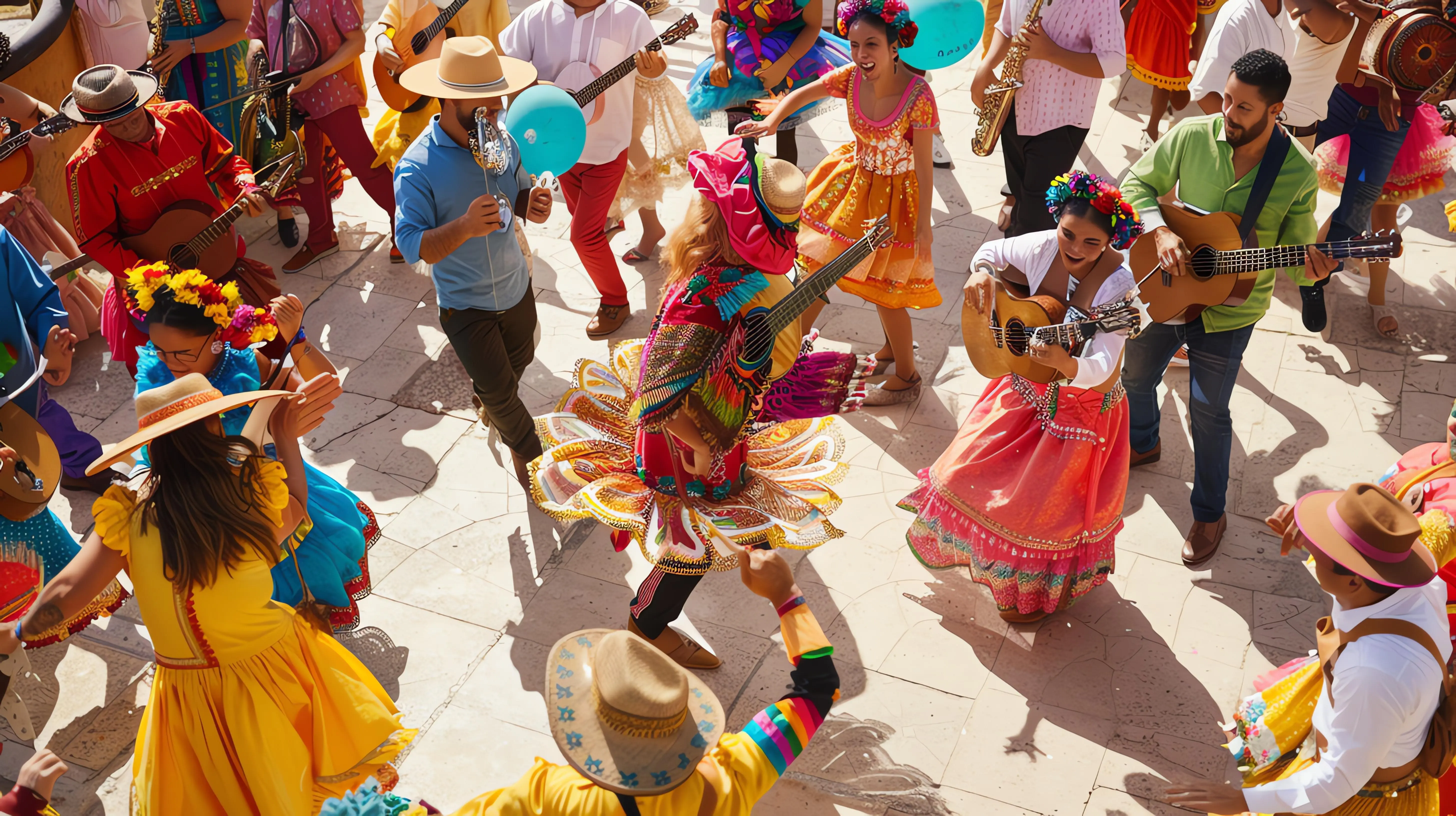 Eine Gruppe von Menschen tanzt und musiziert bei einer farbenfrohen Feier.