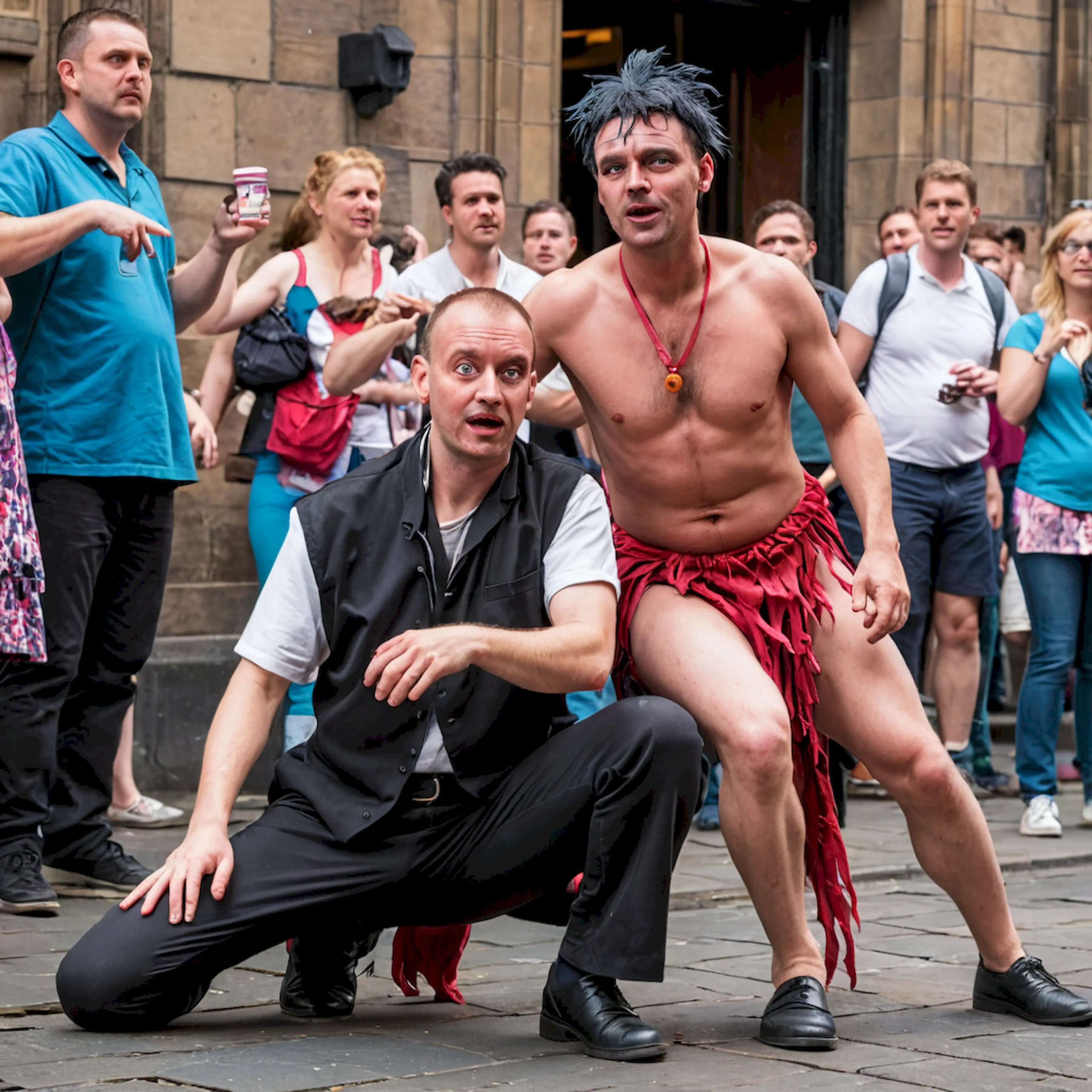 Ein Mann kniet auf dem Boden und trägt einen roten Rock.