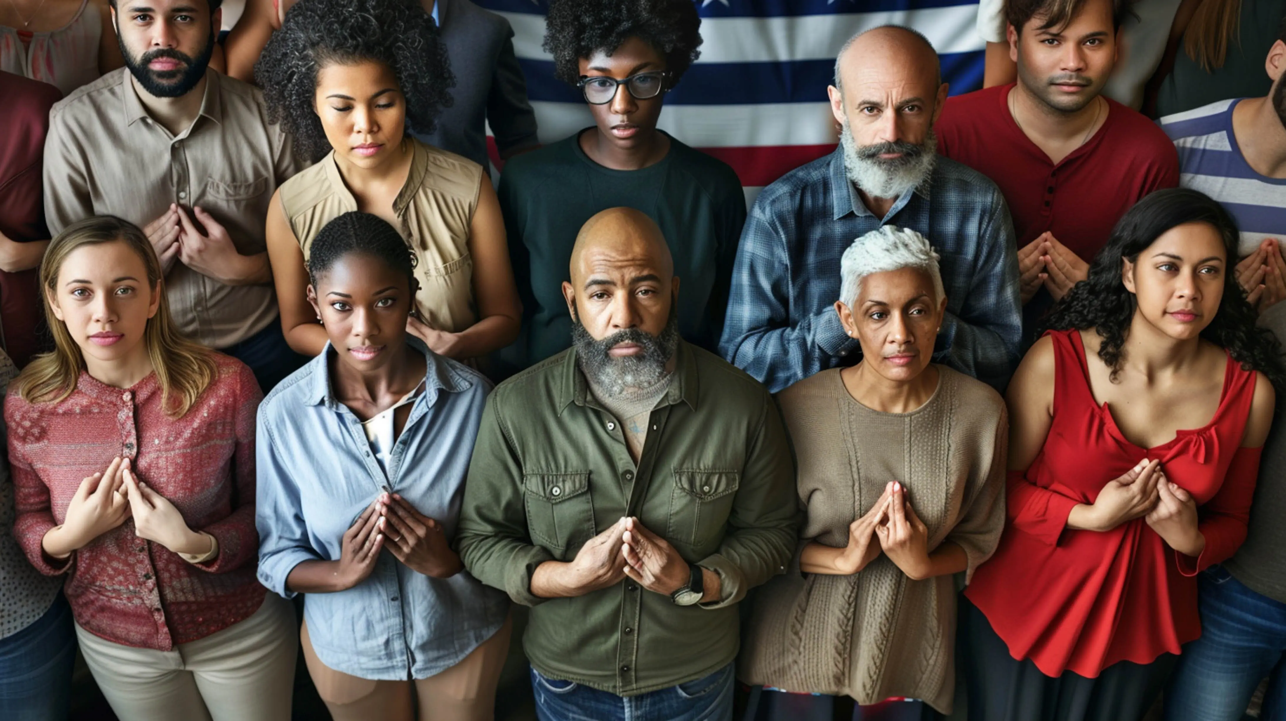 Eine vielfältige Gruppe von Menschen legt die Hände auf ihre Herzen und gelobt der amerikanischen Flagge die Treue.
