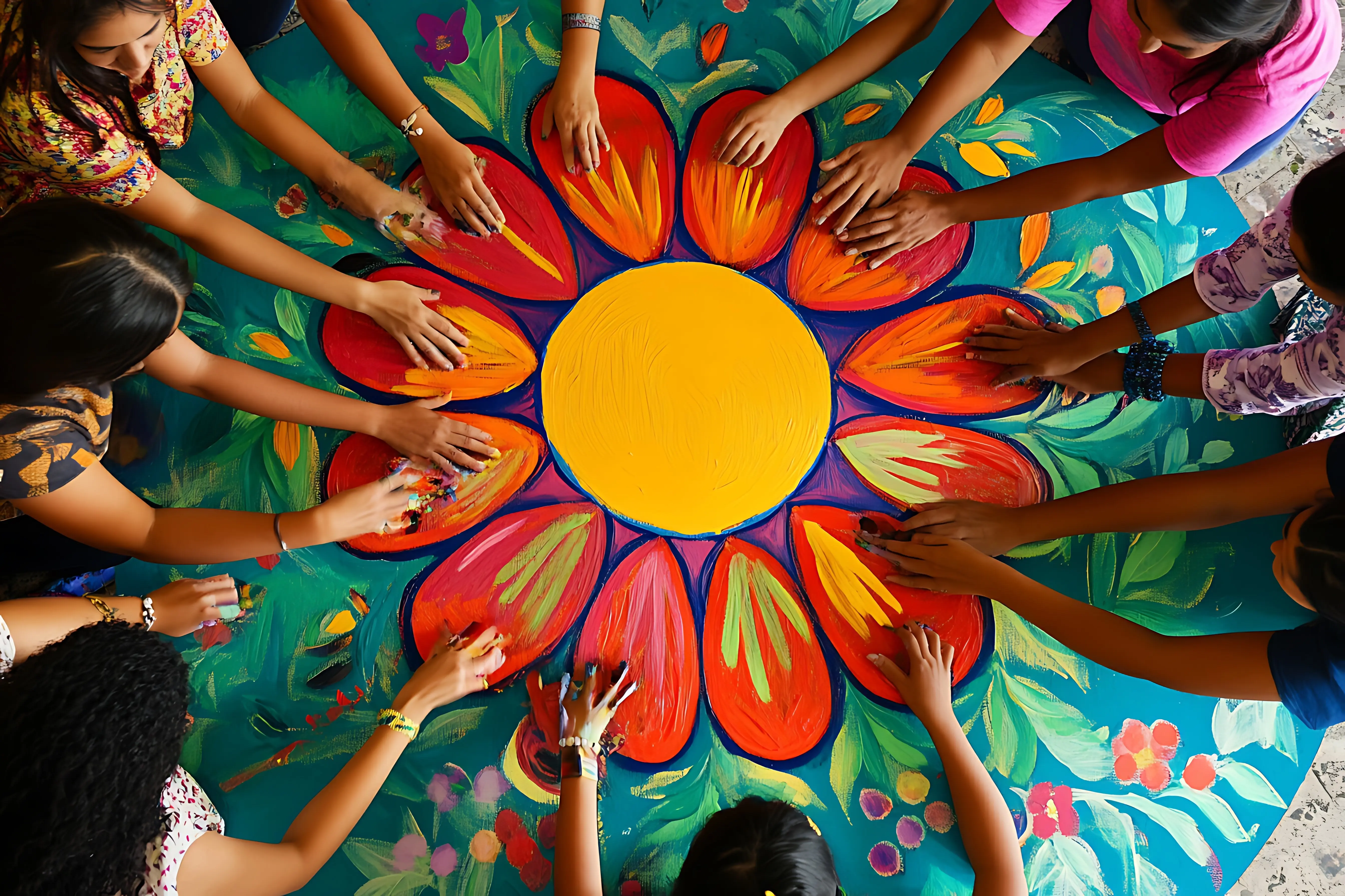 Eine Gruppe junger Frauen, die gemeinsam ein farbenfrohes Blumen-Wandgemälde malt.